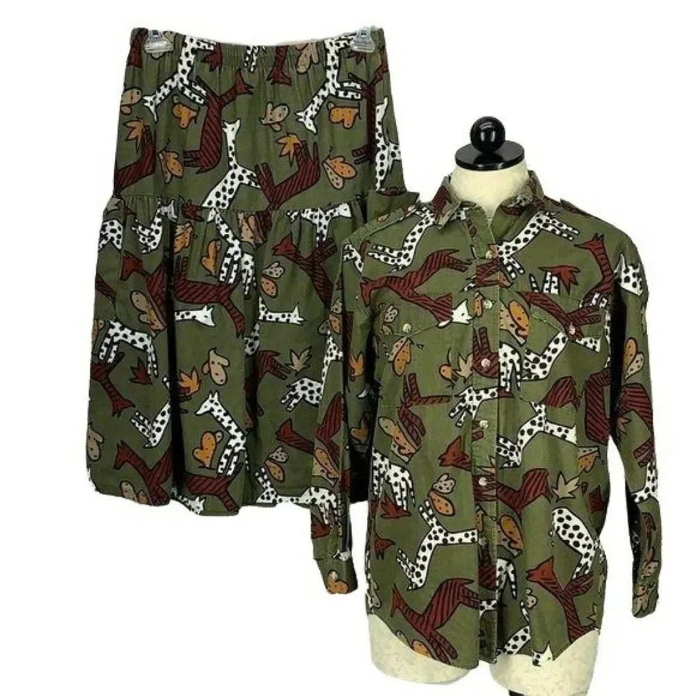 Vintage C.C. Company Women's Cottage Core Animal Print‎ Skirt Set Size Small